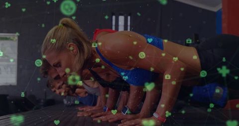 Synchronized group push-ups with smartwatches and health network overlay