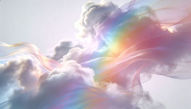Drifting iridescent cumulus with pastel veils, opalescent ribbons and soft sunlight dreamscape