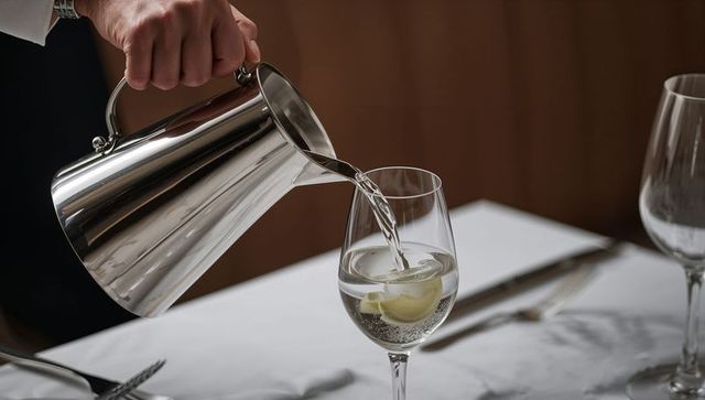 Fine dining waiter pouring sparkling water from stainless pitcher into wine glass with lemon