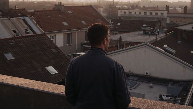 Solitary man gazing over urban rooftops at golden hour with sunset haze, reflective mood