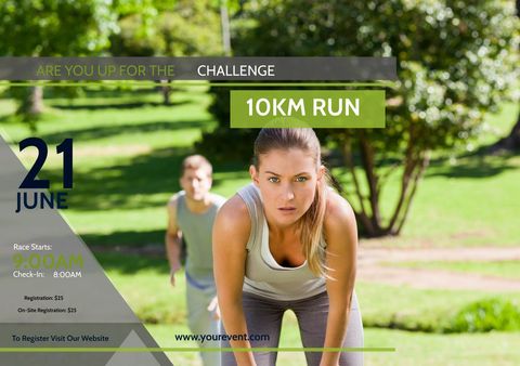 Determined runner at starting line promotes 10km fitness event