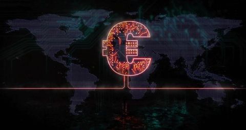 Neon euro circuitry emblem projecting holographic world map on cyber stage for fintech