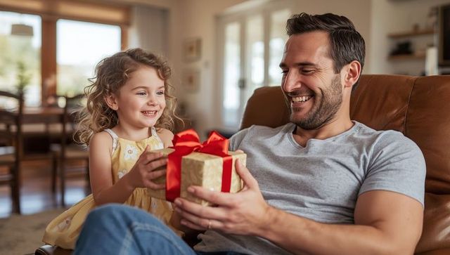 Father and Daughter Exchanging Gift in Cozy Living Room