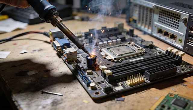 Electronics technician soldering spark repairing motherboard on workbench with soldering iron