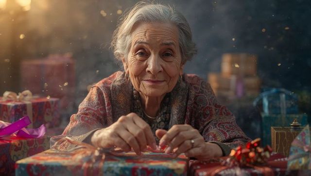 Elderly woman crafting gifts with care and tradition