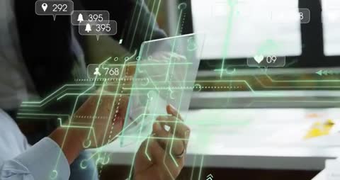 Team interacting with transparent tablet and AR analytics overlay for collaborative data briefing