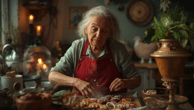 Elderly Woman Arranging Pastries in Welcoming Kitchen Setting