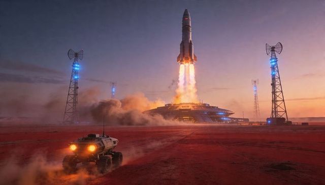 Mars launch pad rocket lifting off at dusk with armored rover approaching dusty red plain
