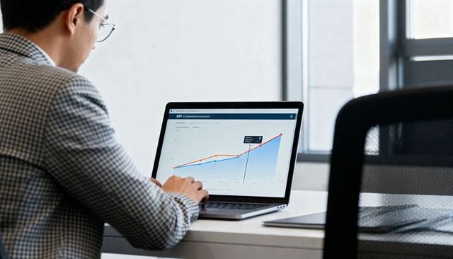 Businessman analyzing kpi growth chart on laptop in modern minimalist office workspace