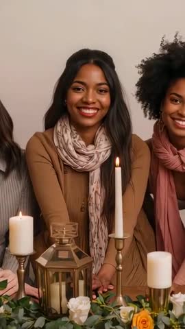 Vertical video: trio smiling while posing at candlelit table with roses and warm decor