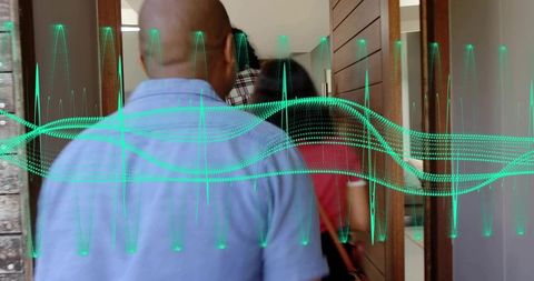 Walking into modern home hallway with neon green waveform overlay, motion concept
