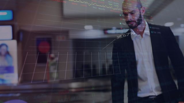 A businessman engaged in a handshake with digital data charts and graphs superimposed around him, representing global trade and finance dynamics. Ideal for illustrating corporate agreements, financial transactions, economic strategies, or companies that integrate technology in business operations. Can be used in finance-related blogs, presentations, or advertisements promoting business analytics software.