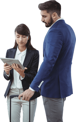 Transparent business professionals with tablet and suitcase