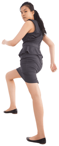 Serious Asian Businesswoman Walking Upstairs on Transparent Background