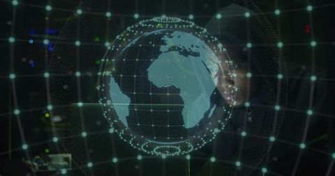 Man in hoodie watching holographic globe over datacenter node lattice with neon lights