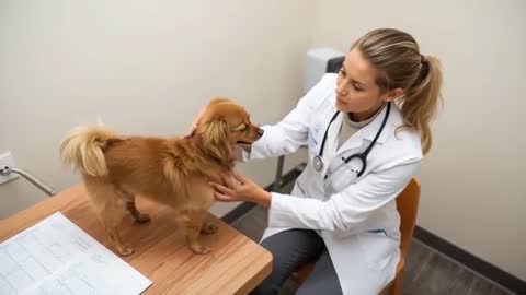 Female veterinarian examining small dog on exam table, checking chart and comforting pet