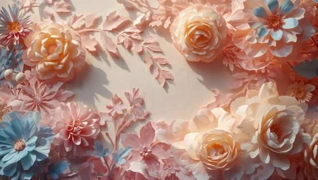 Pastel paper flower wreath framing central blank space with soft shadows and layered texture