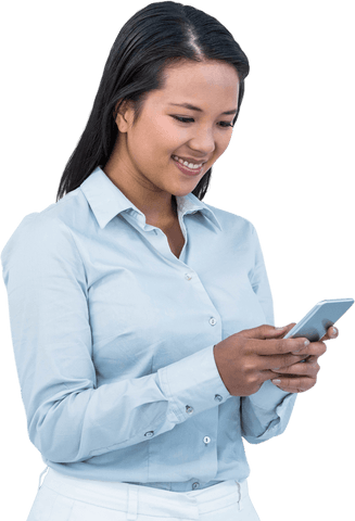 Businesswoman Smiling LED by Her Smartphone on Transparent Background - Download Free Stock Videos Pikwizard.com
