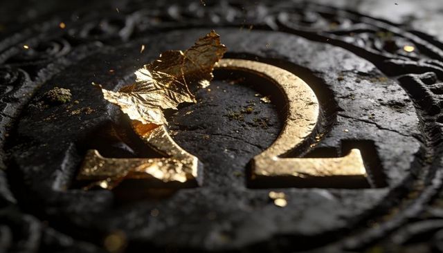 Shining gilded omega emblem with torn gold leaf on aged stone medallion, macro detail