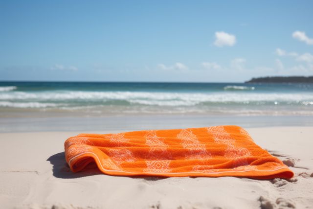 Orange towel with pattern on beach with sea and blue sky, created using generative ai technology. Seaside landscape, vacation, leisure, summer and nature concept digitally generated image.