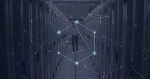 Technician in Server Room with Digital Connections Overlay