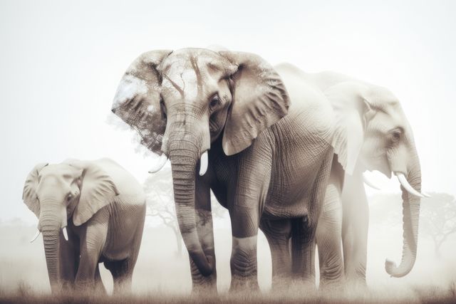 Double exposure with elephants and trees, created using generative ai technology. Double exposure, animal, wildlife and nature concept digitally generated image.