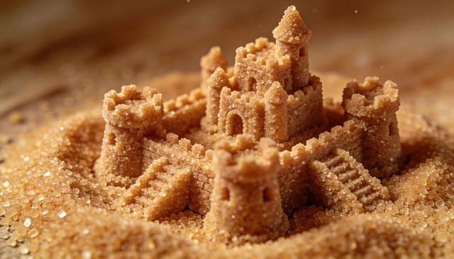 Brown sugar sandcastle macro featuring granulated towers, stairways and crystalline texture