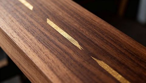 Polished walnut plank featuring thin gold inlays and satin finish macro wood grain close-up