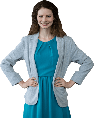 Transparent Portrait Smiling Businesswoman in Blue Dress and Gray Blazer