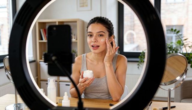Beauty influencer applying moisturizer on camera using ring light for skincare tutorial
