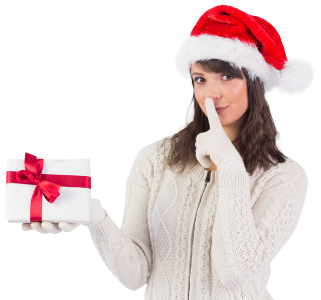 Festive Woman Wearing Santa Hat Holding Christmas Gift on Transparent Background - Download Free Stock Videos Pikwizard.com