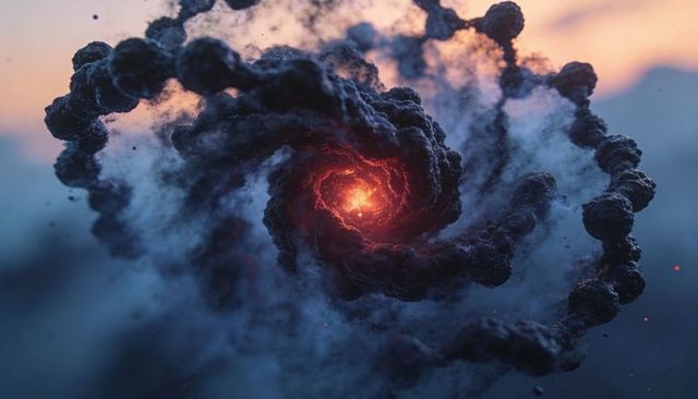 Molten core spiral revealing radiant glowing helix of ash, smoke and embers in cosmic haze