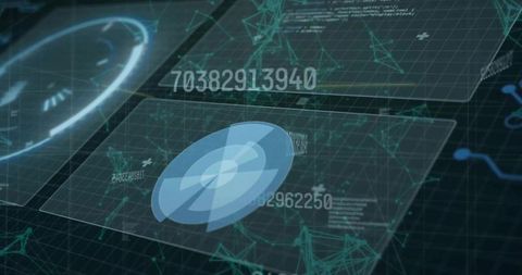 Futuristic holographic data interface with radial hud and network grid visualization