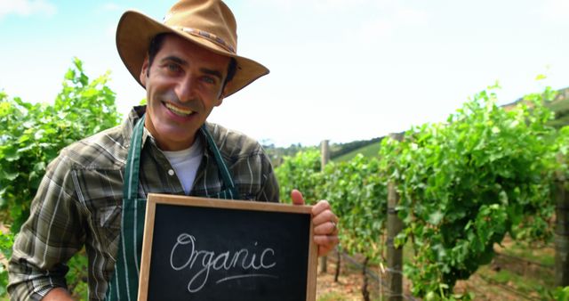 A middle-aged Caucasian man, a farmer, is holding a chalkboard with the word Organic written on it, with copy space. He is standing in a vineyard, promoting organic farming practices with a cheerful expression.