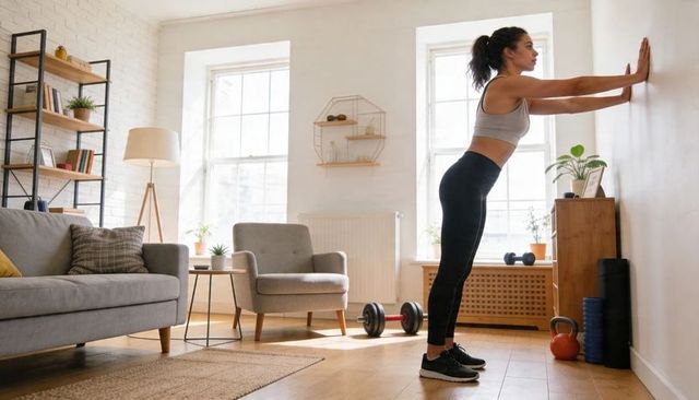 Home workout leaning wall stretch for busy woman performing strength and mobility routine