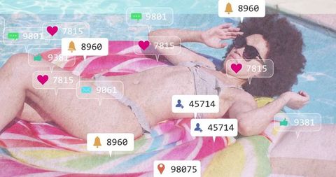 Influencer lounging on pool float receiving social media notifications and engagement