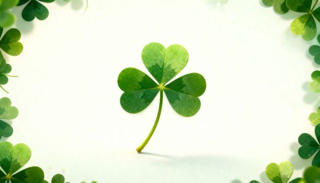 Lucky four-leaf clover centered on cream background minimalist shadow and border leaves