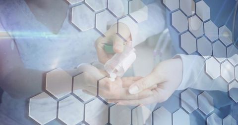 Doctor Dispensing Pills into Patient's Hand with Hexagonal Overlay