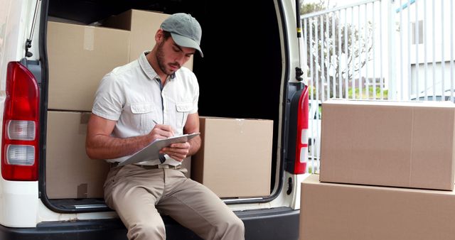 Delivery worker checking inventory on clipboard while sitting in van loaded with boxes. Suitable for themes related to logistics, transportation, courier services, shipping, inventory management, and manual labor professions.