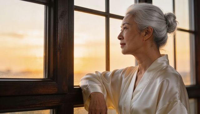 Senior asian woman gazing through window at warm sunset, wearing satin robe, reflecting