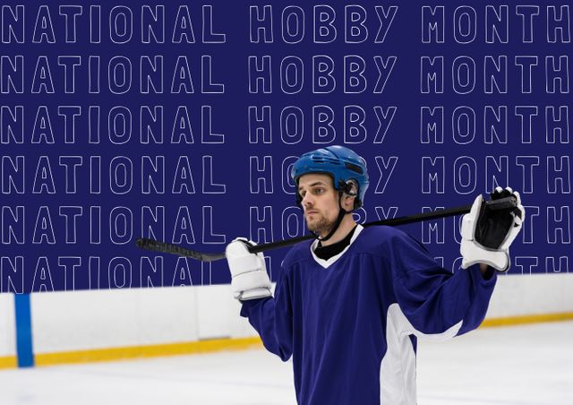 Digital composite image of ice hockey player against national hobby month text. symbol and sports.