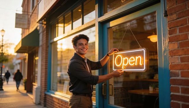 Smiling shopkeeper attaching neon open sign to teal cafe door during golden hour, small business