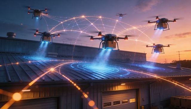 Autonomous drone fleet scanning warehouse rooftop at sunset with connected light mesh