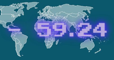 Digital Interface Overlay with World Map and Stock Market Timing