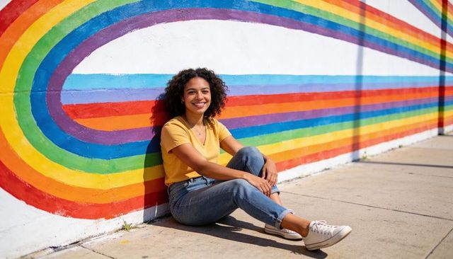 Smiling woman leaning against vibrant rainbow mural on sunlit urban sidewalk in yellow tee, jeans