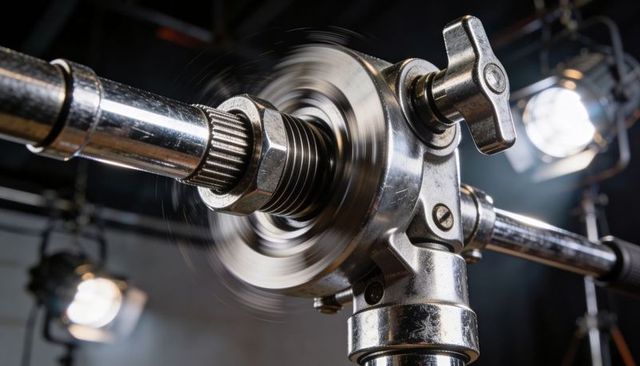 Spinning chrome grip head on studio support rod showing hex nut and polished clamp