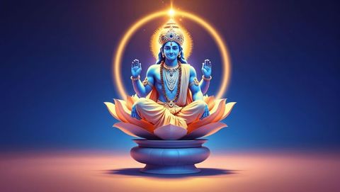 Divine krishna, blue-skinned deity sitting on lotus with radiant halo