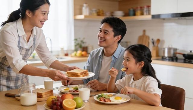 Family enjoying cozy breakfast at wooden kitchen table while mother serves toast