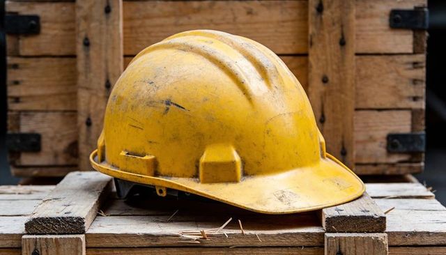 Weathered yellow hard hat resting on wooden pallets with scuffs and wood splinters