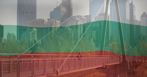 Urban Stroll on Scenic Cable-Stayed Bridge Against Cityscape